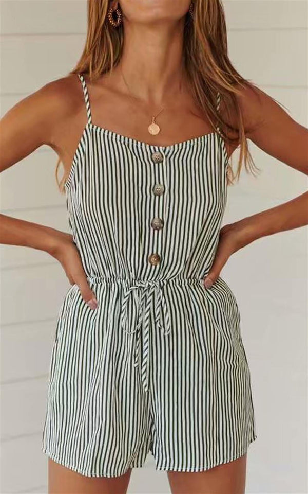 Olive Green Striped Culotte Button Down Playsuit With Tie Waist