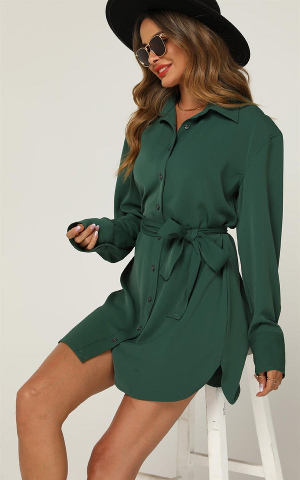 Lässiges, abgerundetes Mini-Hemdkleid mit seitlichem Schlitz in Grün