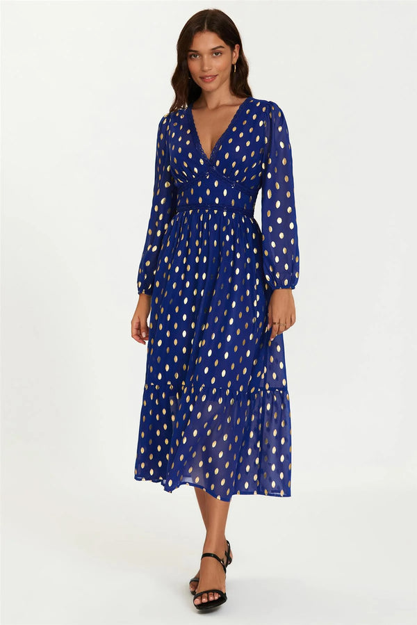 Lace Trim Foil Long Sleeve Maxi Dress In Royal Blue