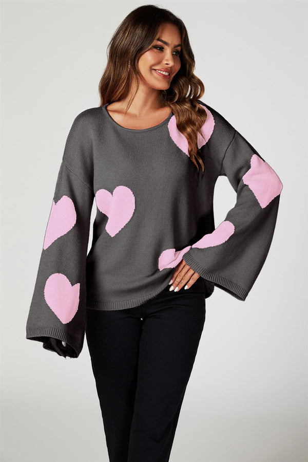 Heart Patten Wide Sleeve Oversize Jumper In Dark Grey