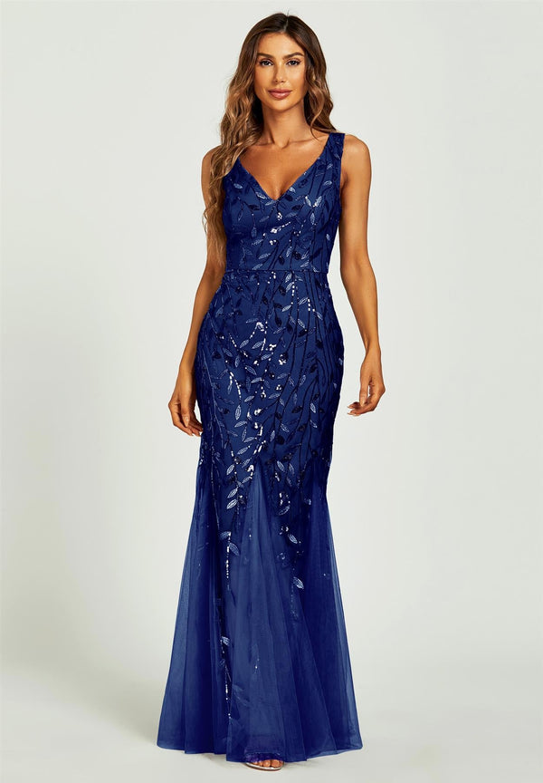 Maxi-Brautjungfernkleid mit V-Ausschnitt und Pailletten in Marineblau