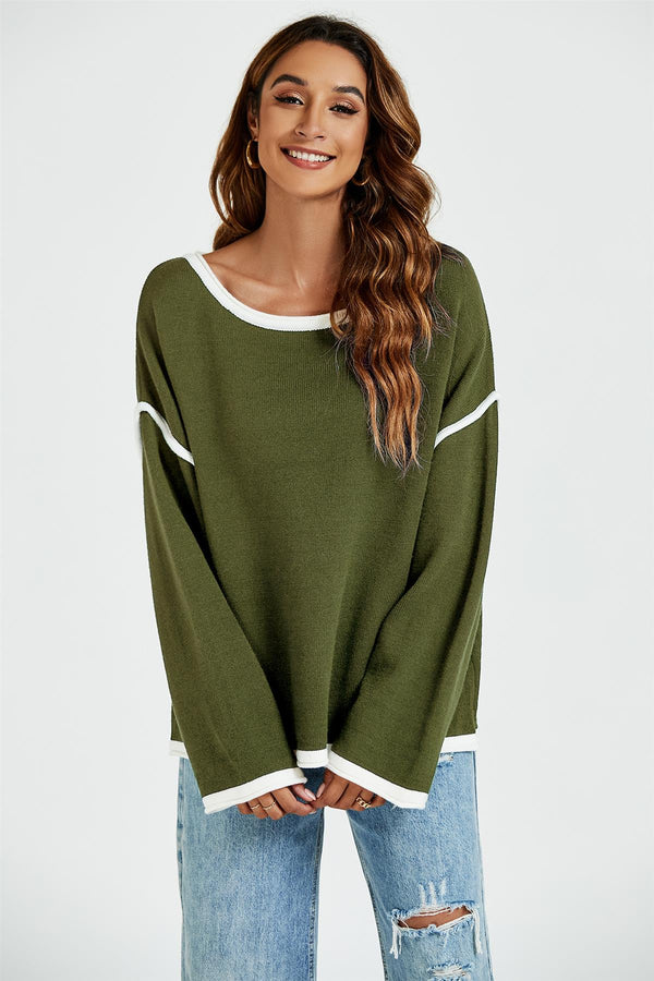 White Striped Oversized Jumper Top In Khaki Green