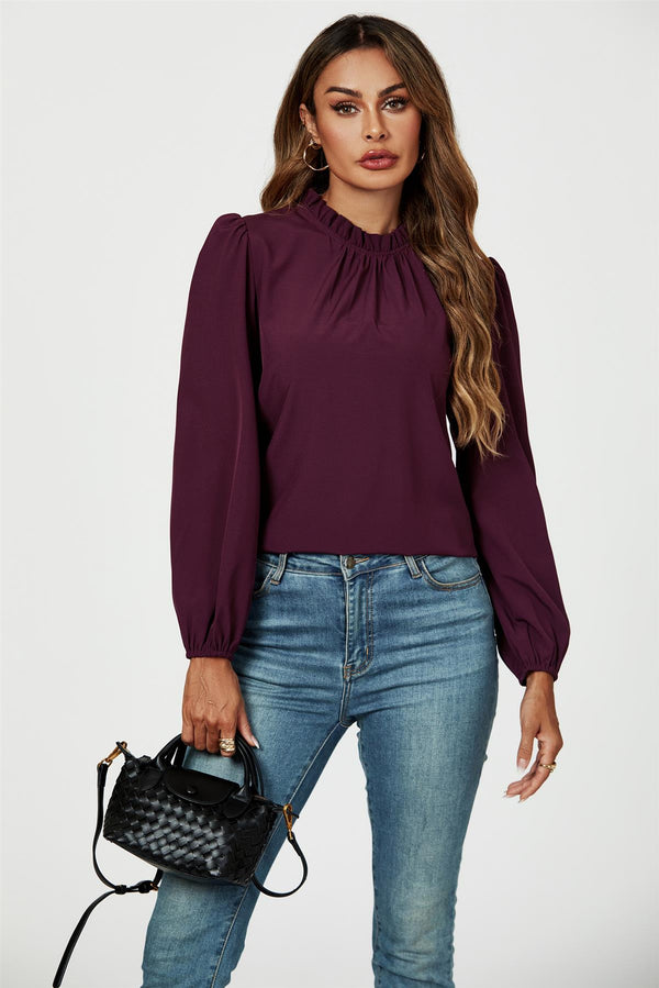 Frill Detail High Neck Top In Plum