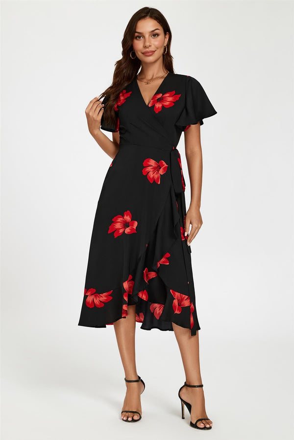 Wickelkleid Mit Engelsärmeln Und Blumenmuster In Schwarz 