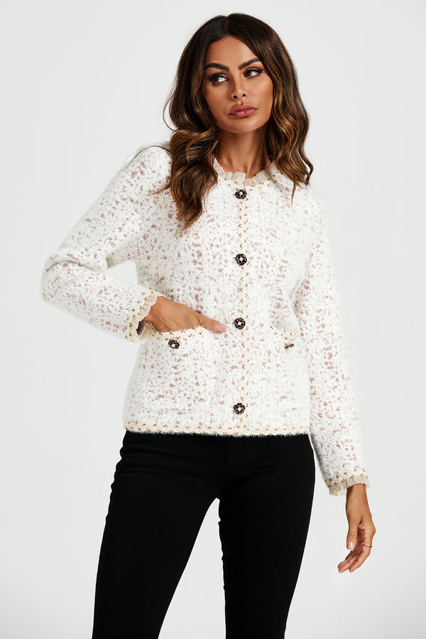 Leopard Pattern Lace Trim Boucle Jacket in Cream