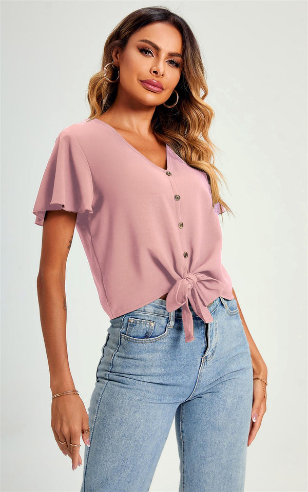 Süßes, kurzes T-Shirt-Oberteil mit Knoten vorne und Knöpfen in Rosa