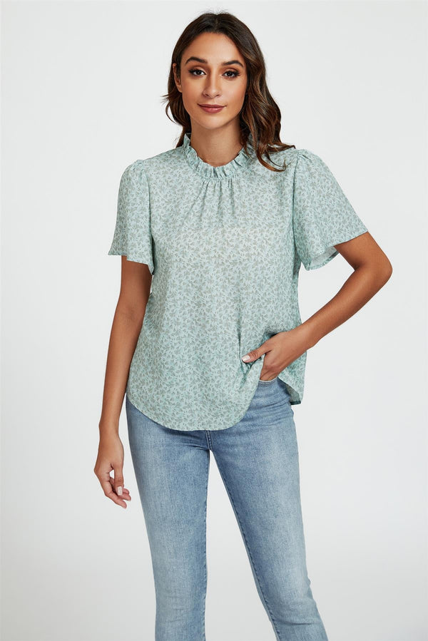 Graues, hochgeschlossenes Top/Bluse mit kleinem Blumendruck und eckigen Ärmeln in Blau