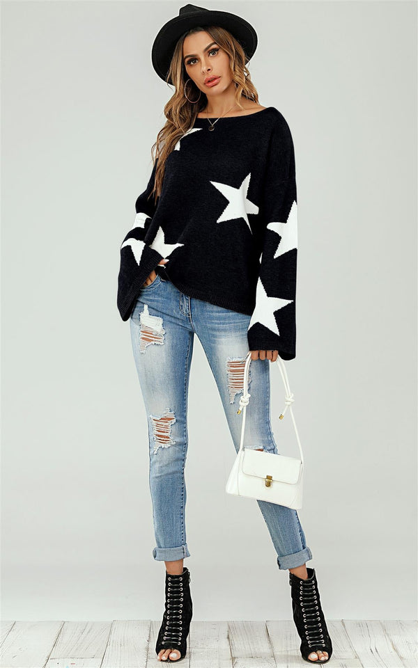 Schwarzer Oversize-Pullover mit weiten Ärmeln und weißem Stern