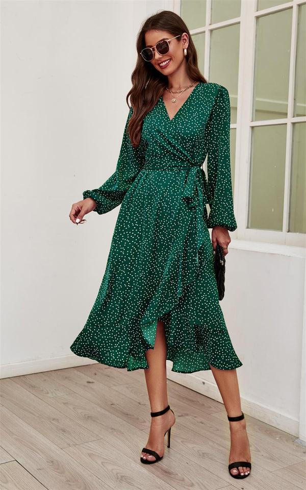 Langärmliges Wickel-Midikleid in Grün