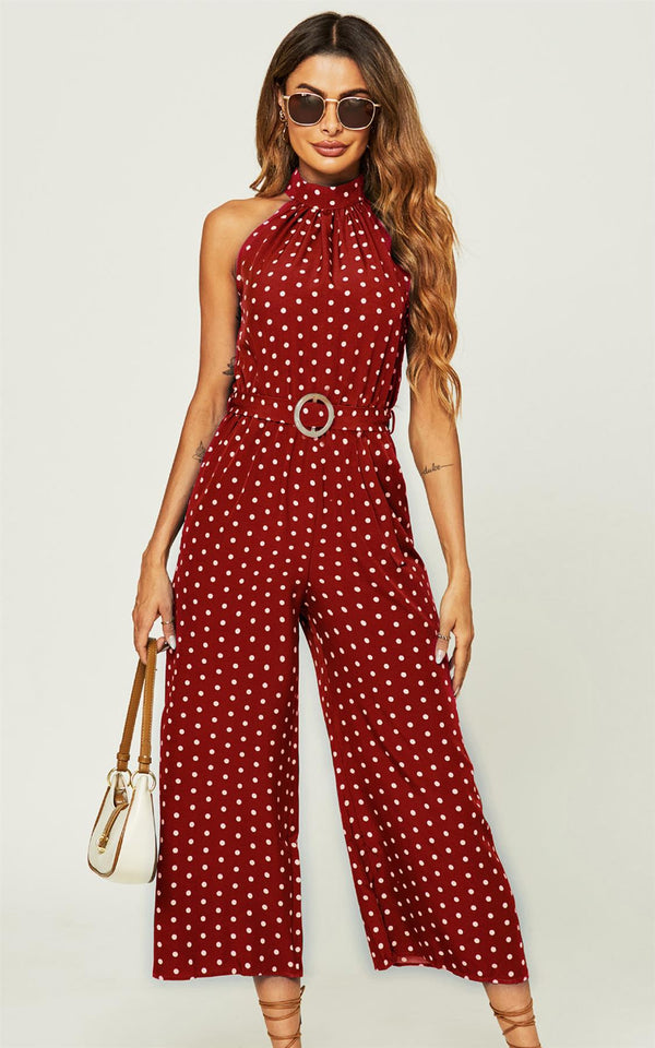 Hochgeschlossener Jumpsuit mit roten Punkten