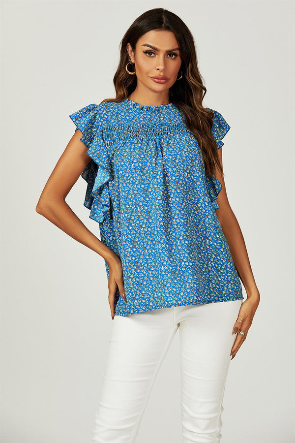 Blouse met bloemenprint, korte mouwen en ruches in blauw