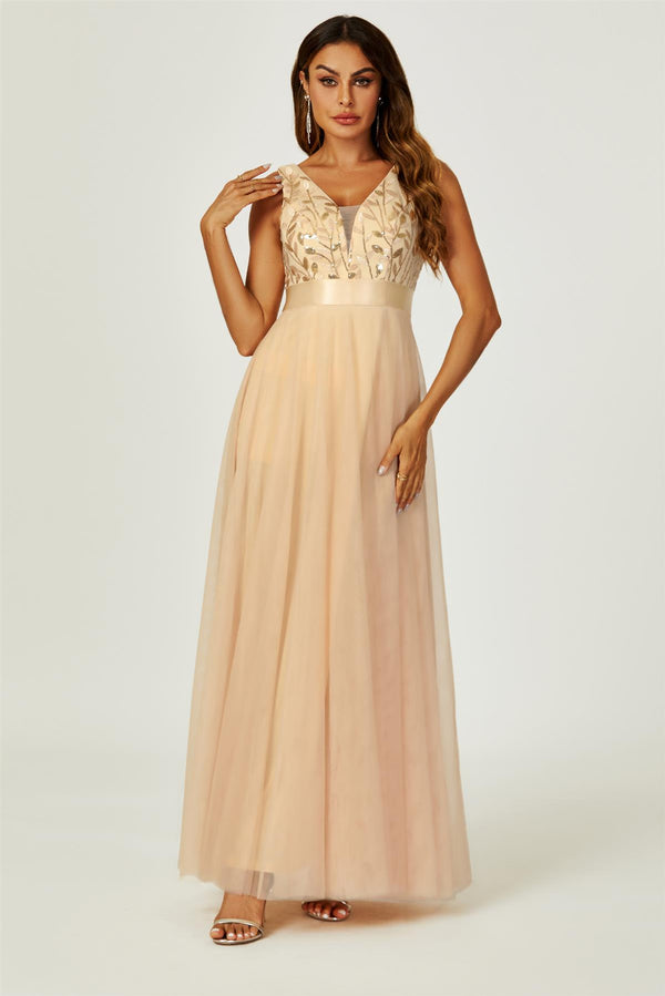 Sequin Top V Neck Bridesmaid Maxi Dress In Gold