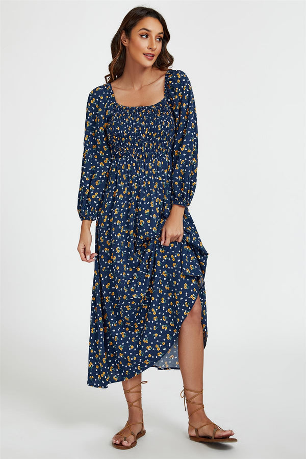 Floral Print Square Neck Maxi Dress In Dark Blue