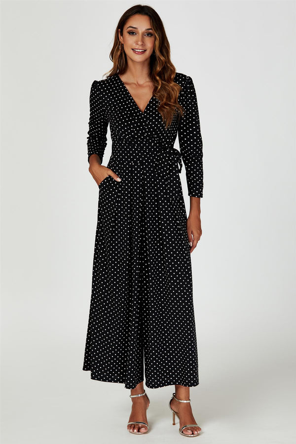 Dot Print Wrap Top Jumpsuit Dress In Black