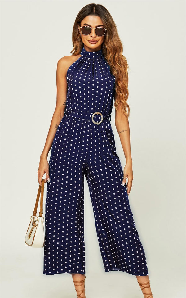 Hochgeschlossener Jumpsuit mit marineblauen Punkten
