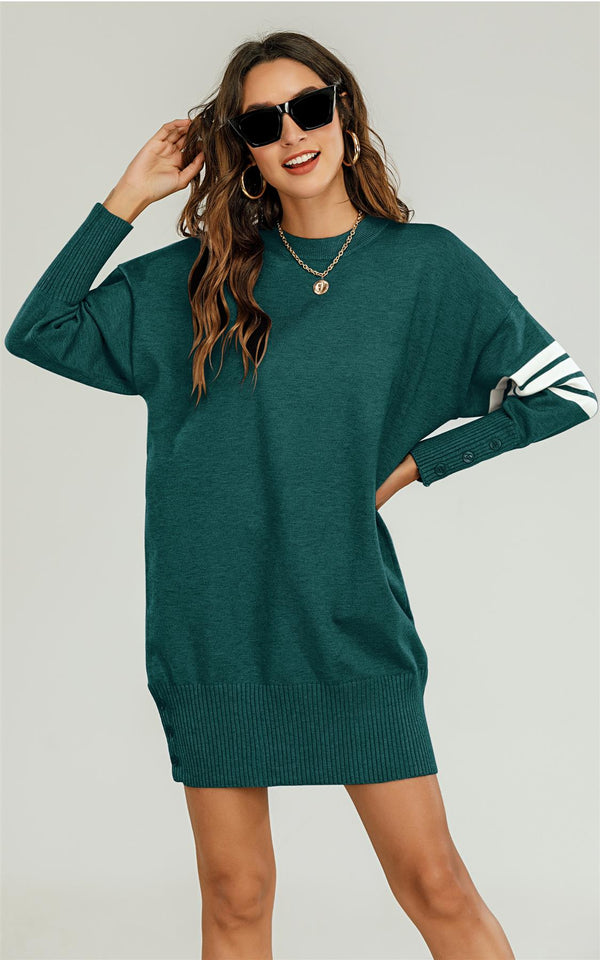 Knitted Tunic Jumper Dress With White Stripe In Dark Green