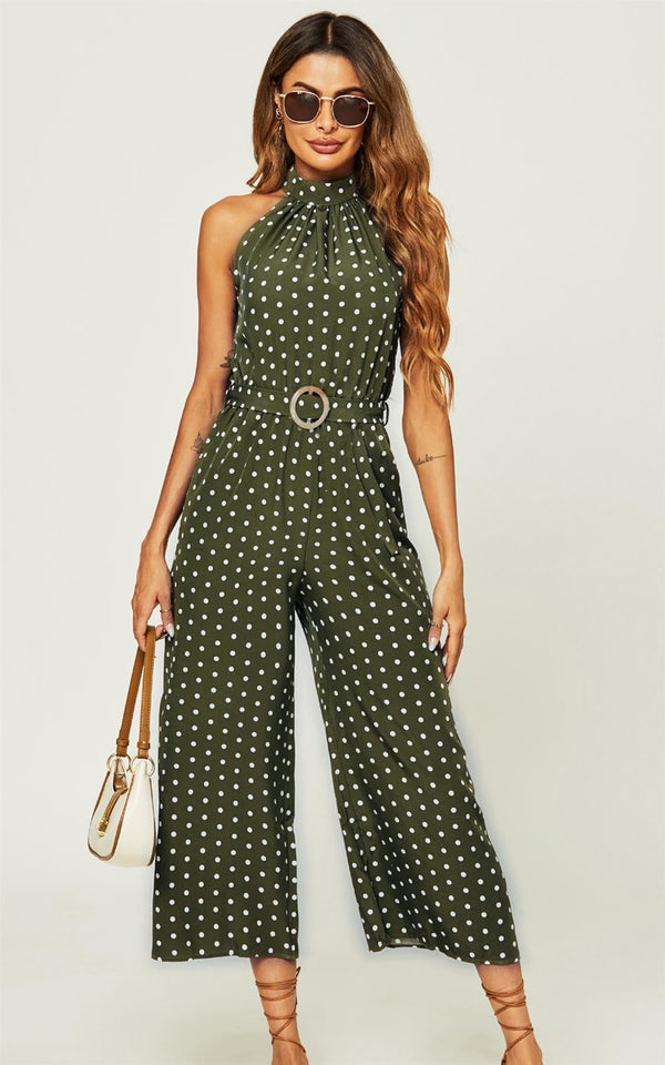 Hochgeschlossener Jumpsuit mit olivgrünen Punkten