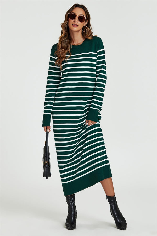 Stripe Pattern Knitted Tunic Jumper Dress In Dark Green