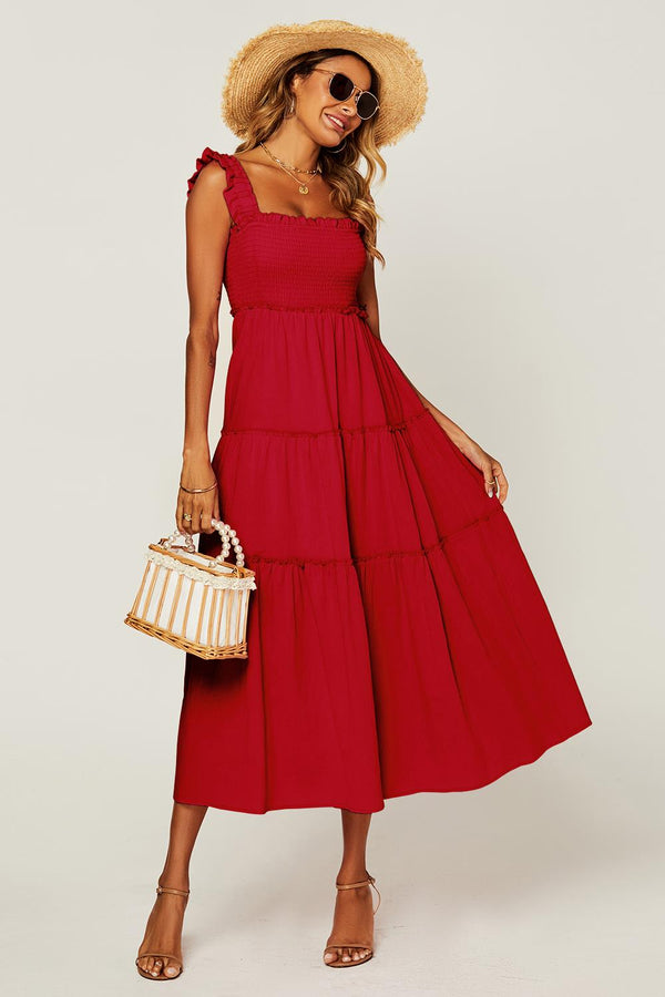 Hem Detail Tiered Maxi Dress In Fuchsia Red