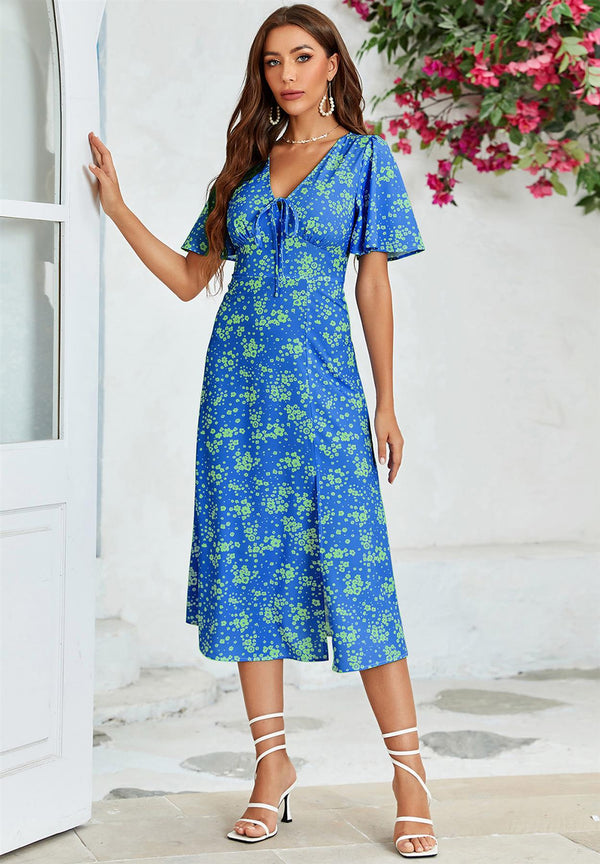 Green Floral Print Angel Sleeve Midi Dress In Blue