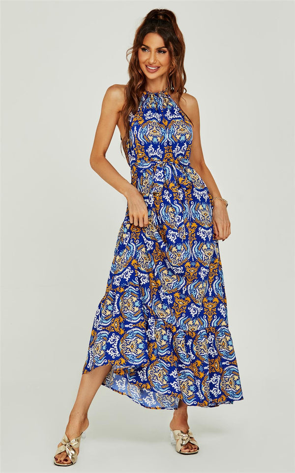Rose Flora Print Neckholder-Maxikleid mit Stufendesign in Königsblau