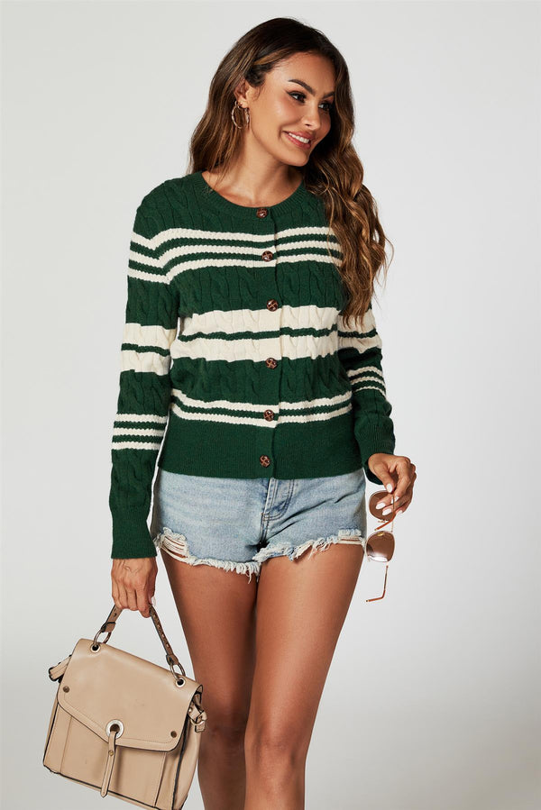 Stripe Pattern Knitted Cardigan In Green