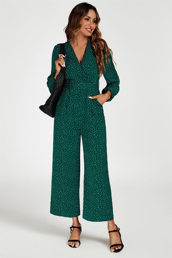 Grüner Wickel-Jumpsuit Mit Punktmuster