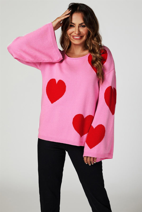 Wide Sleeve Oversize Red Jumper With Pink Heart