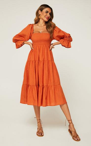 Oranges Midikleid mit Puffärmeln und elastischem Detail