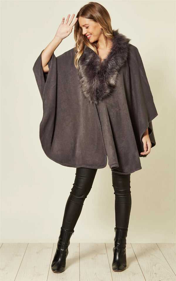 Dark Grey Cape With Faux Fur Collar