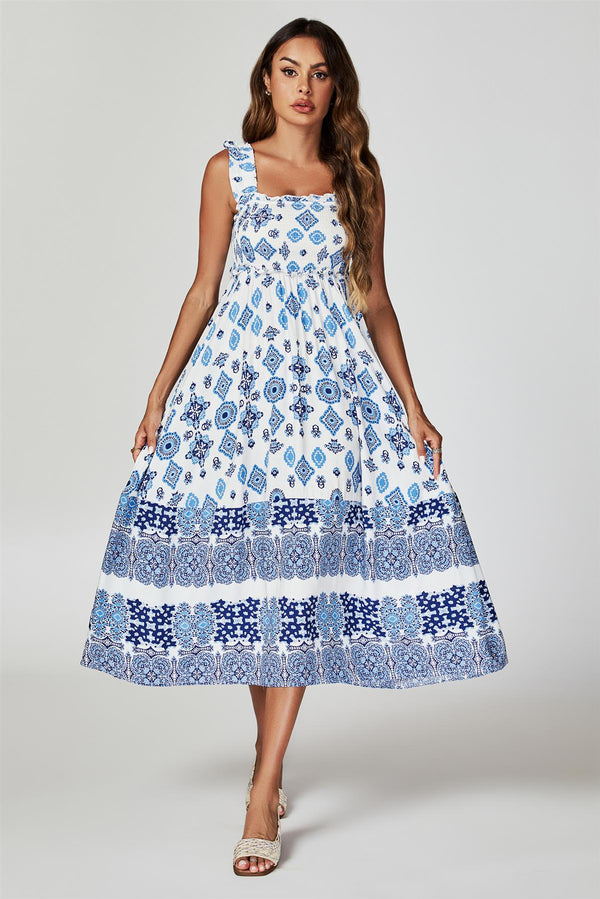 Blue Border Print Hem Detail Tiered Maxi Dress In White