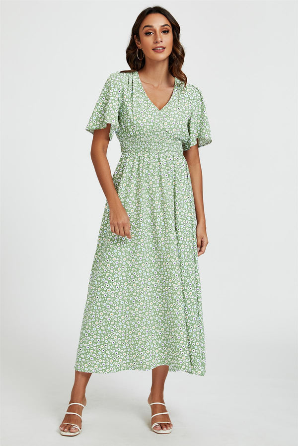 Multi Floral Print V Neck Midi Dress In Green