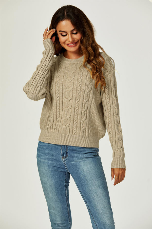 Cable Knit Crew Neck Jumper In Taupe