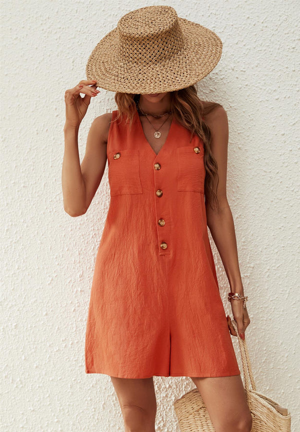 Playsuit Mit V-Ausschnitt Und Knopfleiste In Orange