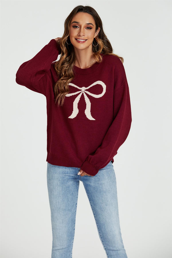 Bow Pattern Jumper Top In Wine