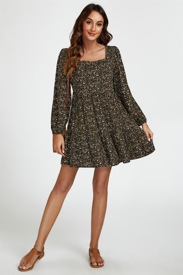 Little Floral Print Square Neck Mini Dress In Black