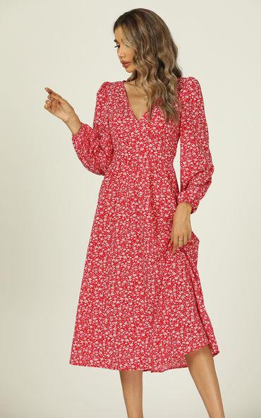 Langärmliges Midikleid mit Knopfleiste und V-Ausschnitt in Rot mit Blumenmuster