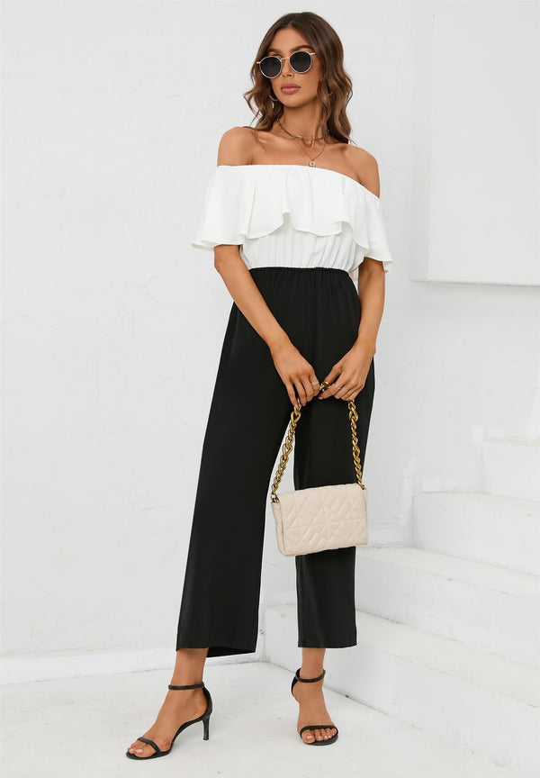 Schwarzer, schulterfreier Jumpsuit mit Rüschen in Kontrastfarbe in Weiß