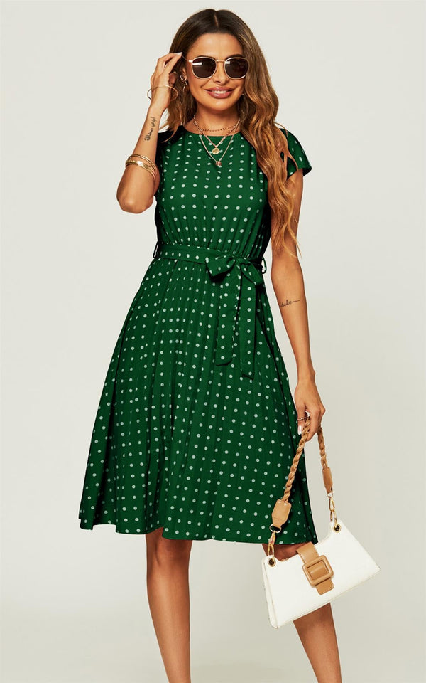 Ärmelloses, plissiertes Midikleid mit Polka Dot-Muster in Grün