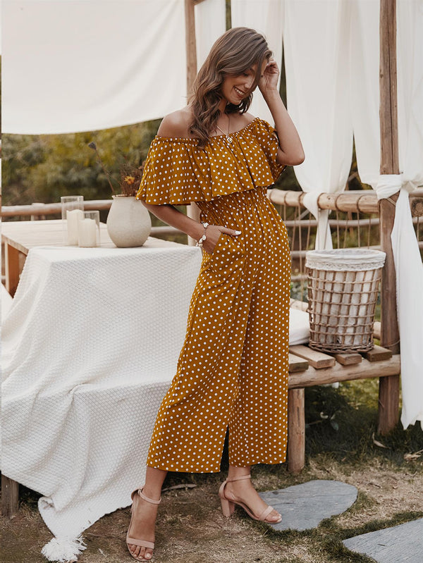 Off The Shoulder Frill Jumpsuit In Mustard Yellow Polka Dot