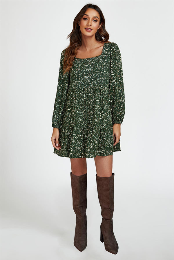 Little Floral Print Square Neck Mini Dress In Olive Green