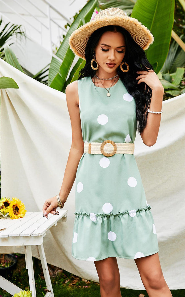 Weißes Minikleid mit Rüschen und Polka-Print in Mintgrün