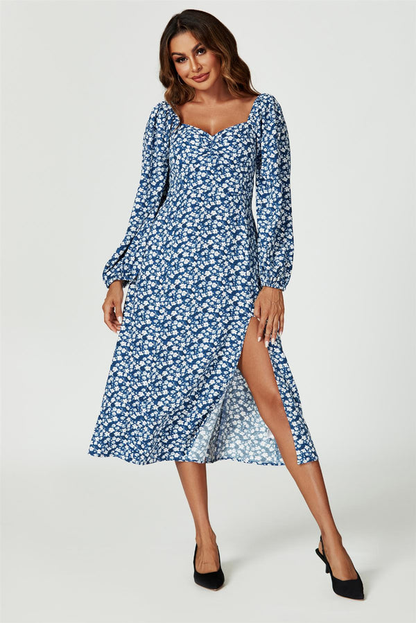 Floral Print Long Sleeve Heart Neckline Midi Dress In Blue