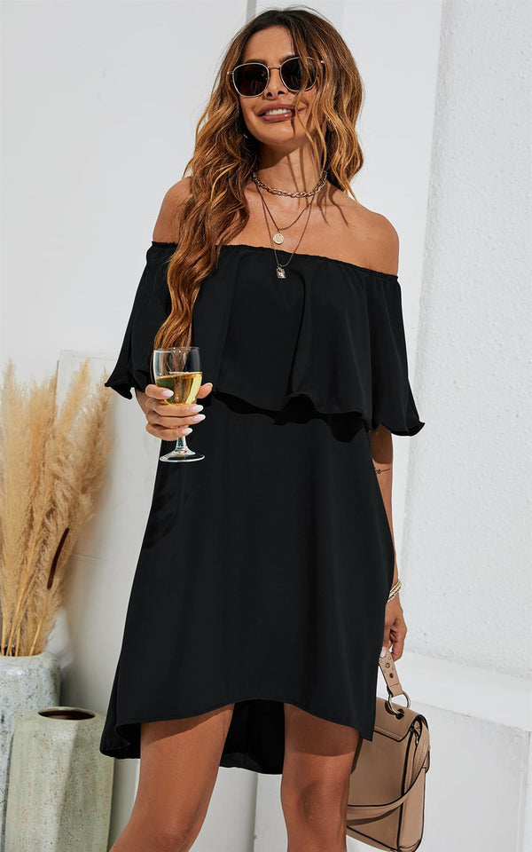 Schulterfreies Bardot-Minikleid mit Rüschen in Schwarz