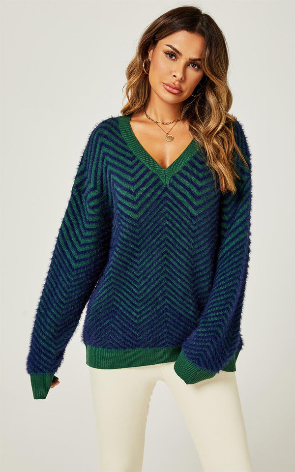 Schickes Strickpullover-Oberteil mit geometrischem Intarsienmuster in Marineblau und Grün