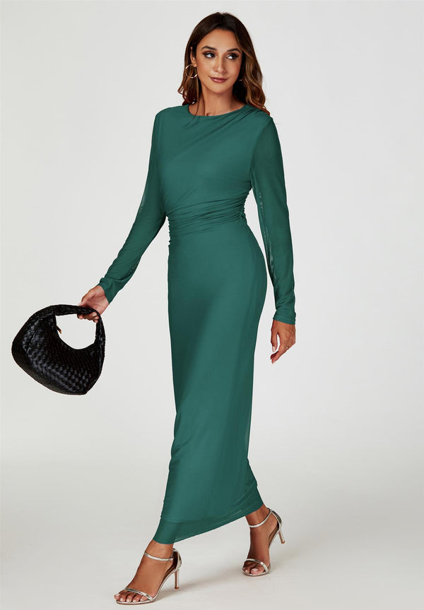 Long Sleeves Mesh Maxi Dress In Green