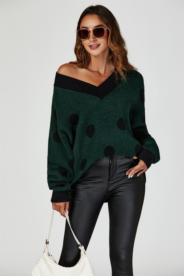 Wool Blended V Neck Jumper In Green & Black Polka Dot