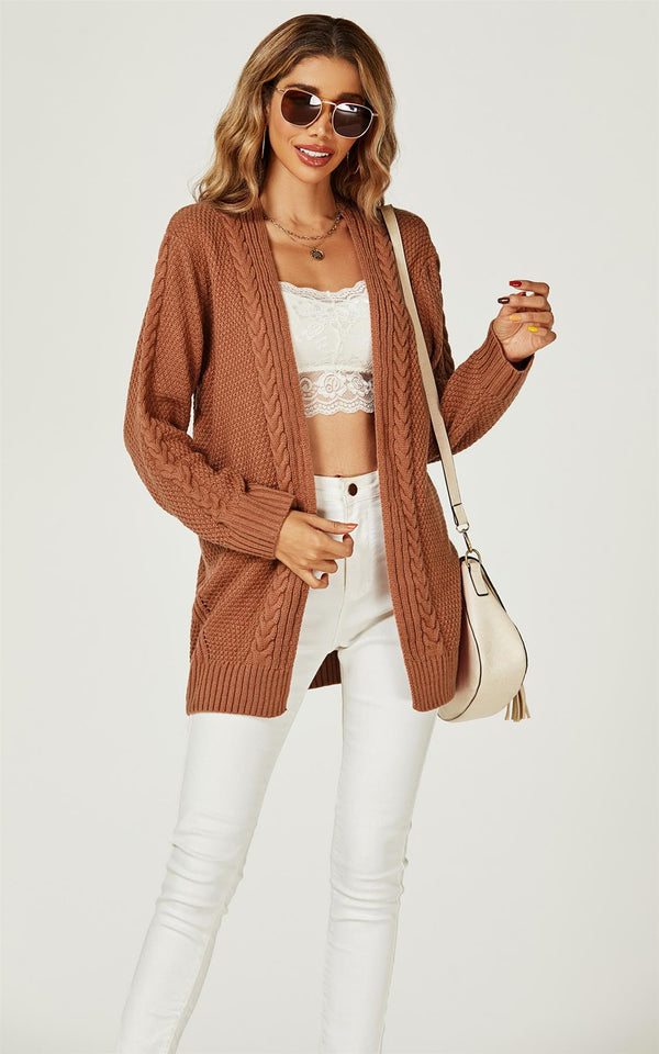 Midi-Strickjacke mit Zopfmuster in Rostrot