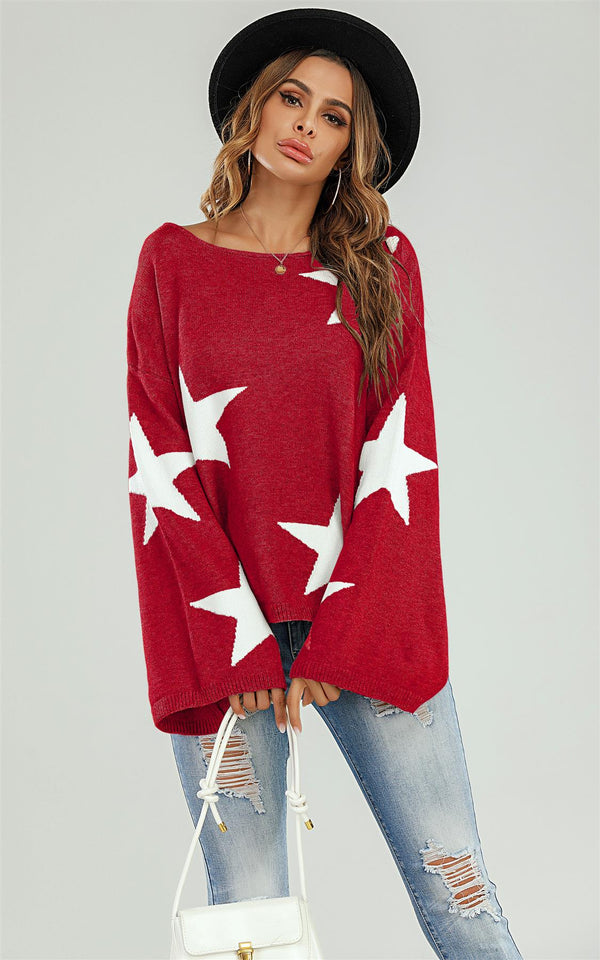 Roter Oversize-Pullover mit weiten Ärmeln und weißem Stern