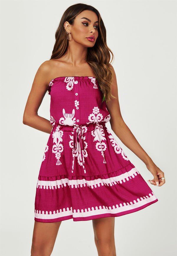 Printed Broderie Strapless Mini Dress In Fuchsia